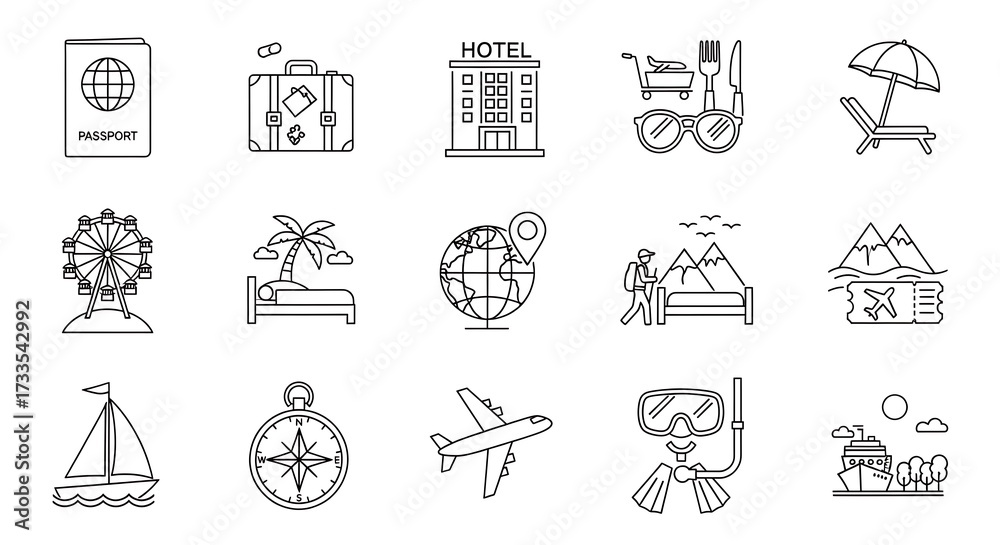 Naklejka premium A collection of travel and vacation icons, including passport, hotel, airplane, and beach essentials, presented in a simple line art style vacation background