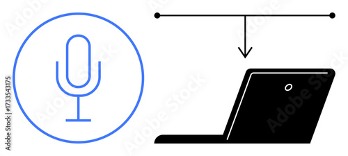 Microphone graphic linked to laptop via arrows indicating voice command or transcription process. Ideal for communication, voice technology, productivity, modernization, AI, automation, and digital