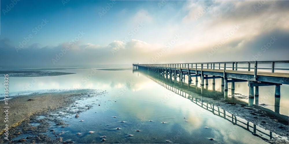 Fototapeta premium Soft morning light reflects on the water at a quiet pier. The landscape features calm waters and subtle clouds, creating a peaceful atmosphere at dawn