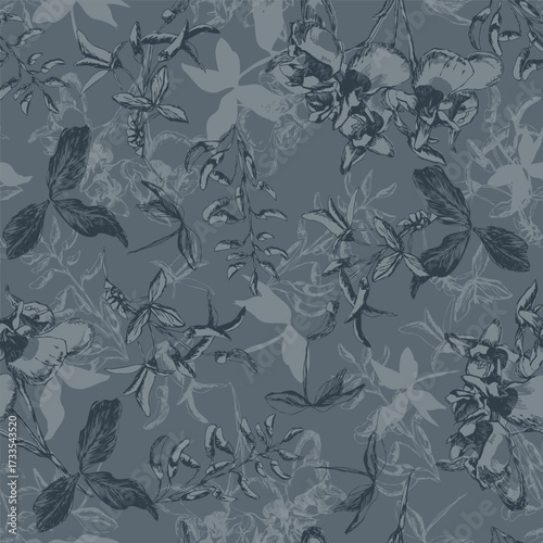 Seamless Vintage Floral Pattern On Blue Gray Background