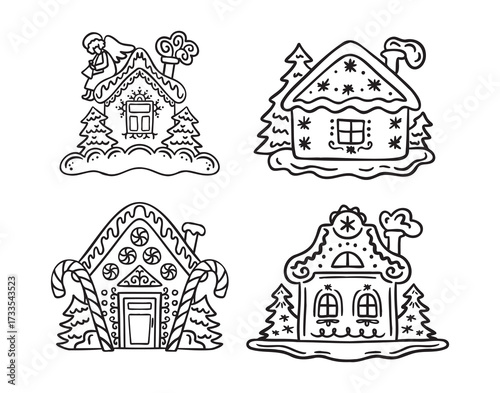 Hand drawn doodle cute gingerbread houses set. Christmas sweets and treats, gingerbread house shaped gingerbread cookies with decoration
