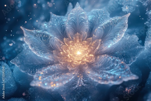 Glowing center of flower amidst snow.