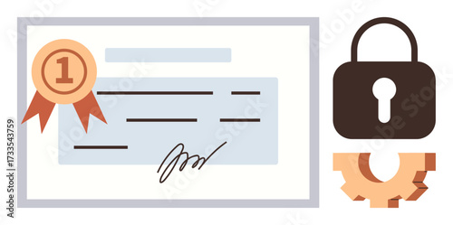 Certificate with ribbon, signature, brown lock, and gear. Ideal for certification, achievement, security, trust authorization education and quality assurance. Minimalist flat metaphor