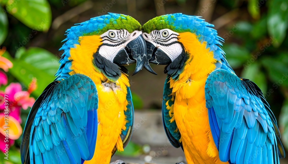Fototapeta premium Two vibrant parrots nuzzle, showcasing their bright plumage