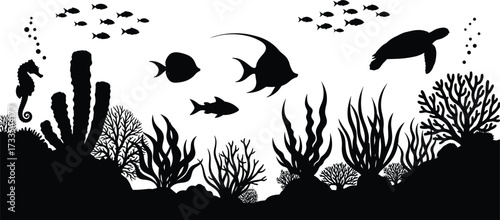 Underwater ocean silhouette, marine life vector, sea turtle and fish, coral reef design, black illustration, nature artwork, aquatic ecosystem icon