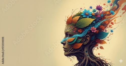 Ethereal Root Woman Portrait: Tree Bark Face with Flowing Water Eyes and Blooming Floral Hair, Digital Painting