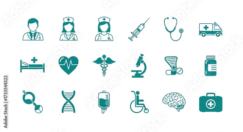 Collection of medical icons, including doctors, nurses, equipment, and symbols, representing healthcare and medicine.