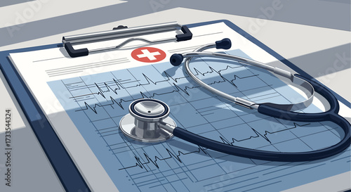 Stethoscope and medical chart on a clipboard with a red cross symbol.