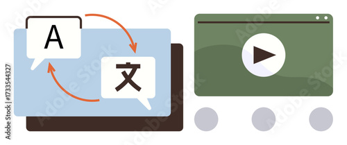 Speech bubbles with language symbols and arrows illustrate translation concept, next to a media player. Ideal for language learning, communication, translation, technology, education, globalization