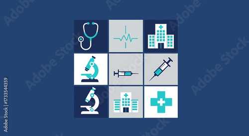 A grid of nine medical icons arranged on a dark blue background, representing healthcare and science.