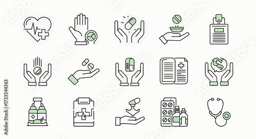 A collection of medical and healthcare line icons, including symbols for pharmacy, treatment, and patient care.