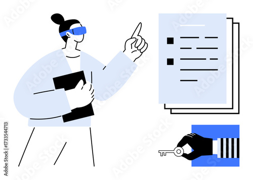 Woman holding folder while explaining documents, hand holding key emphasizing access. Ideal for leadership, education, digital security, responsibility, contracts, authorization empowerment. Simple