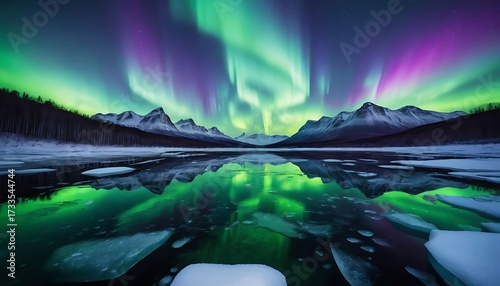 Northern Lights Reflected Over Frozen Arctic Mountains