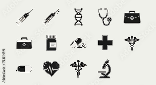 Medical icons: syringes, DNA, stethoscope, briefcase, pills, cross, microscope, heart.