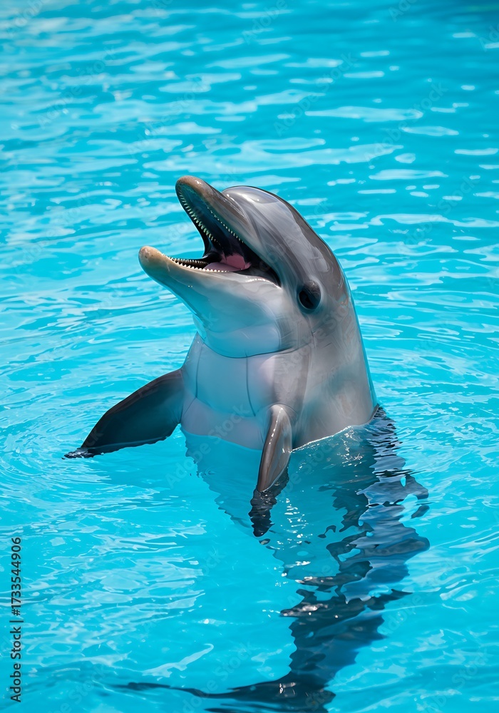 Naklejka premium Playful dolphin emerging from crystal clear blue water enchanting aquatic scene nature's beauty