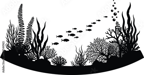 Underwater silhouette scene, black vector ocean, fish swimming graphic, coral reef illustration, editable marine clipart, aquatic nature design, bubbles