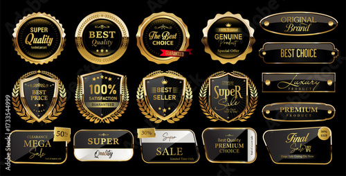 Gold shield icon, logo, security badge, vector design.Best seller, best quality product vector badges. Luxury gold, Silver, bronze, black and gold circle labels, sign, seal, symbol, stamp, sticker
