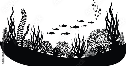 Underwater silhouette scene, black vector ocean, fish swimming graphic, coral reef illustration, marine biodiversity clipart, editable nature design, bubbles rising
