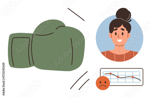 Green boxing glove punching downward chart with worried face, alongside woman s portrait. Ideal for business, finance, stress, failure, decision-making, resilience, risk simple flat metaphor