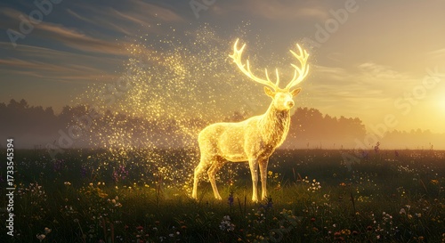 Enchanting Golden Stag with Glowing Antlers Amidst Sparkling Dust in a Mystical Meadow