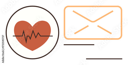 Heart within circle connected to ECG line alongside envelope emphasizes digital health, communication, and interconnectedness. Ideal for healthcare, telemedicine, email campaigns, cardiology