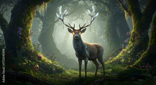 Majestic Stag with Glowing Eyes and Crystal Antlers in a Mystical Forest Glade