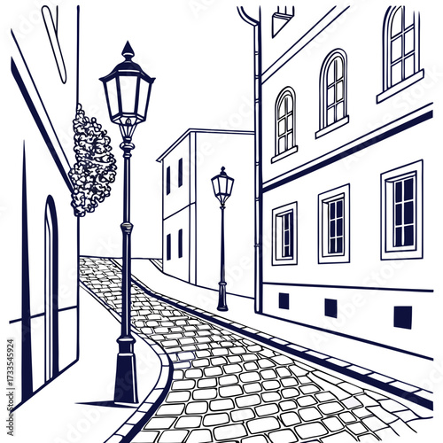 A charming cobblestone street lined with vintage lampposts and old european style buildings under a clear sky rendered in a classic line art style