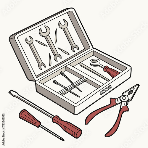 A collection of hand tools including wrenches screwdrivers needles and pliers are neatly organized within an open toolbox ready for use
