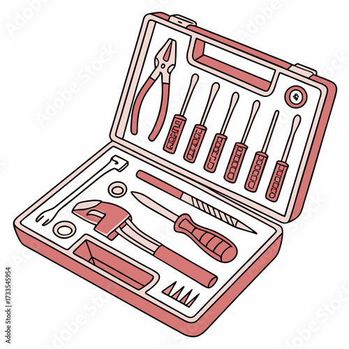 A collection of essential hand tools neatly organized within a portable red toolbox featuring screwdrivers pliers a wrench and a file for various repair and diy projects