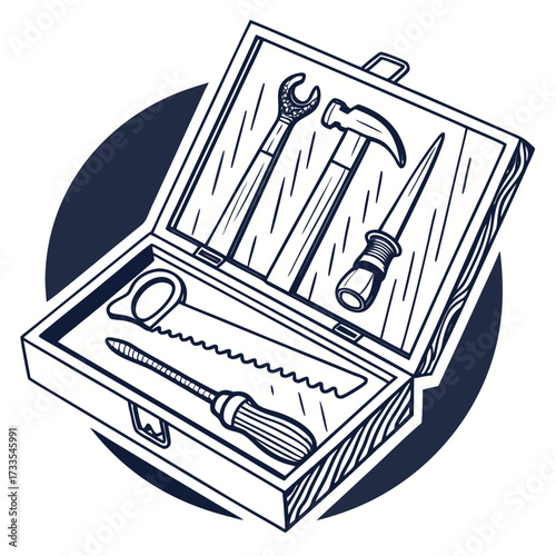 A detailed illustration of an open wooden toolbox filled with essential hand tools including a saw file hammer wrench and awl presented in a clean graphic style