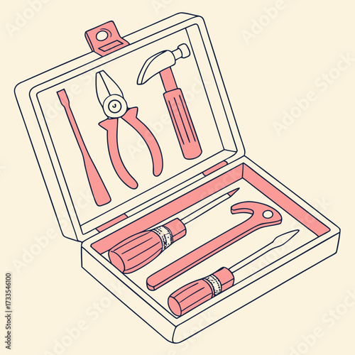 A simple clean and stylized illustration of an open toolbox filled with essential hand tools including a hammer pliers and screwdrivers in a minimalist design