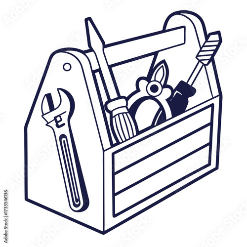 A simple stylized illustration of a toolbox filled with various hand tools including a wrench pliers a screwdriver and a brush presented in a clean graphic line art style