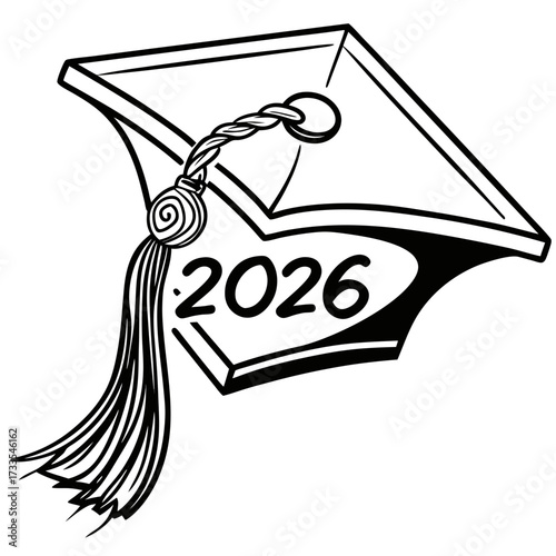 A stylized black and white illustration of a graduation cap with a tassel and the year 2026 prominently displayed symbolizing academic achievement and future success