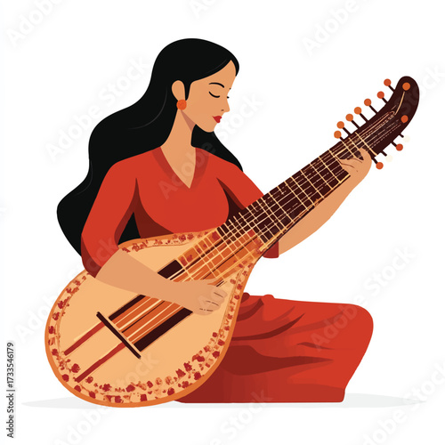 Woman playing traditional Indian musical instrument veena