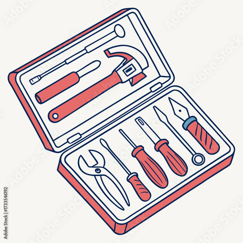 A stylized illustration of an open toolbox filled with various hand tools including a hammer pliers screwdrivers and a socket wrench in a simple flat design