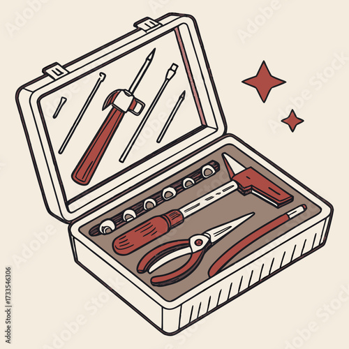 A vintage style illustration of an open toolbox filled with essential hand tools including a hammer pliers screwdrivers and sockets ready for diy projects