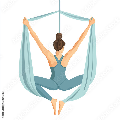Woman practicing aerial yoga in a teal suit.