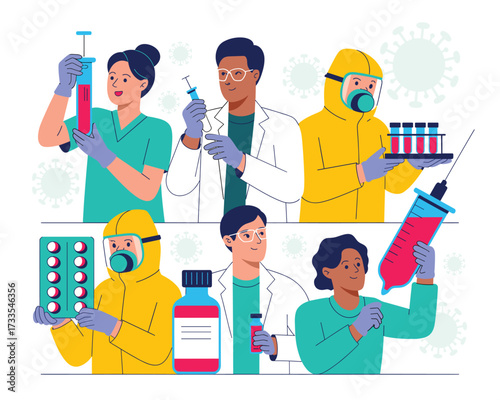 Scientists and Medical Professionals Developing Coronavirus Vaccine and Treatment with Test Tubes, Syringes, and Pills Illustration on White Background for Stock Platforms