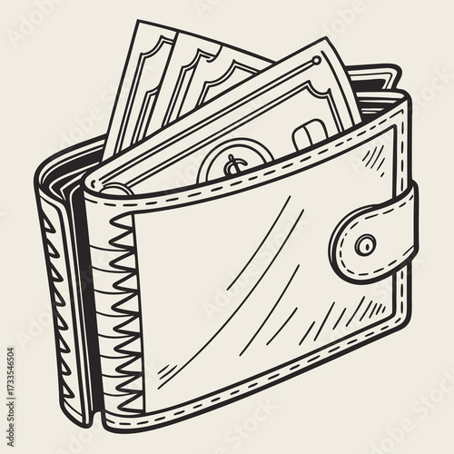 Detailed hand drawn sketch of a leather wallet filled with us dollar bills and a coin slot showing a dollar sign emblem on a plain background