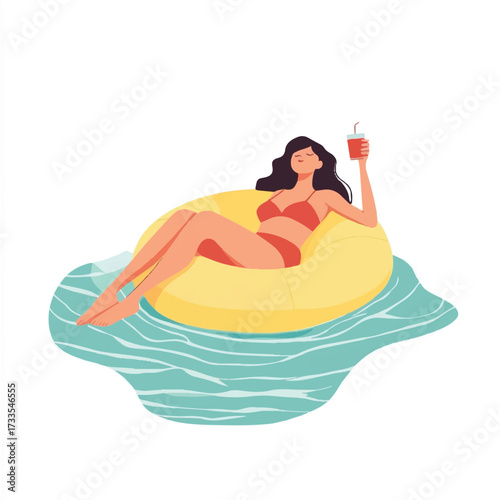  Woman relaxing on inflatable tube with a drink