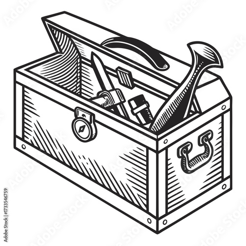 Vintage style black and white illustration of an open toolbox filled with assorted hand tools and hardware ready for work or repair projects