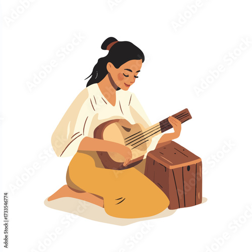  Woman Serenading with Guitar and Cajon Drum