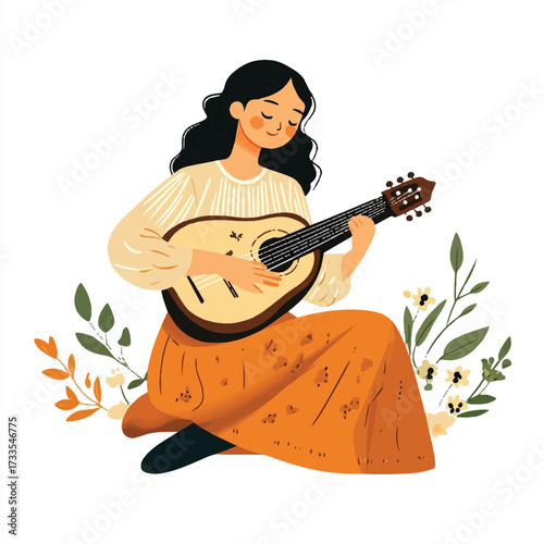 Woman serenading with guitar playing music artistic illustration peaceful moment