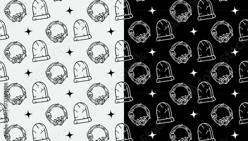 gravestone, cobweb wreath and star hand drawn pattern on black white background set for halloween packaging, merchandise. tombstone, twigs with eye and web doodle seamless pattern. vector illustration