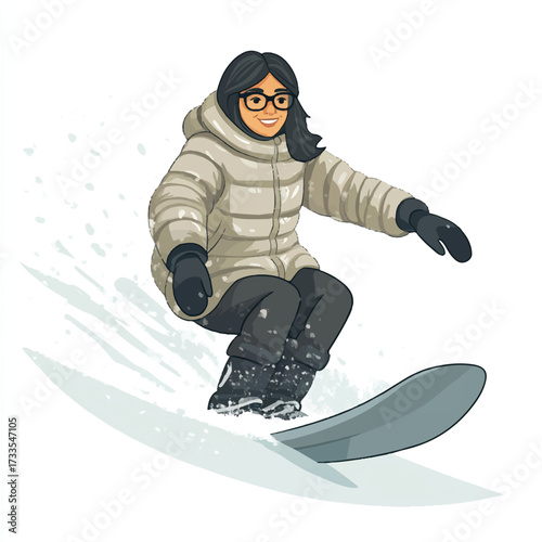 Woman snowboarding down a snowy slope focused and determined