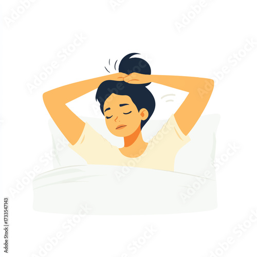 Woman suffering from headache in bed.