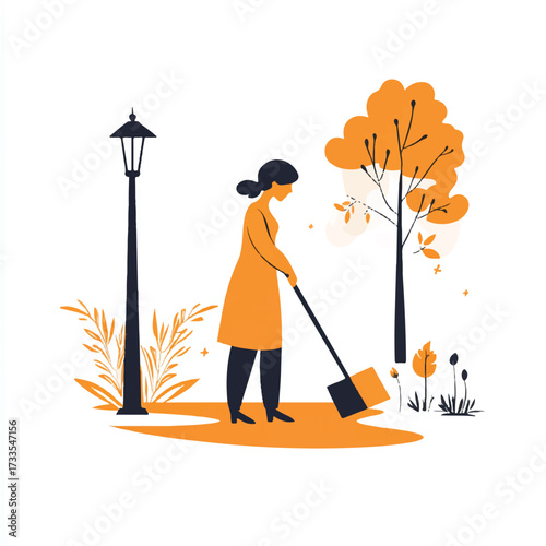 Woman sweeping fallen leaves in autumn park illustration.