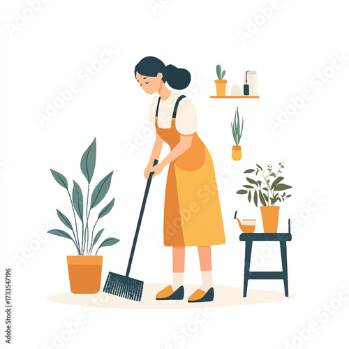 Woman Sweeping Floor with Broom.