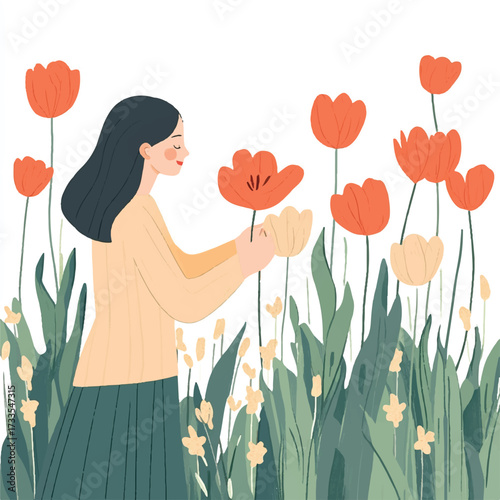 Woman tending to flowers in a garden.