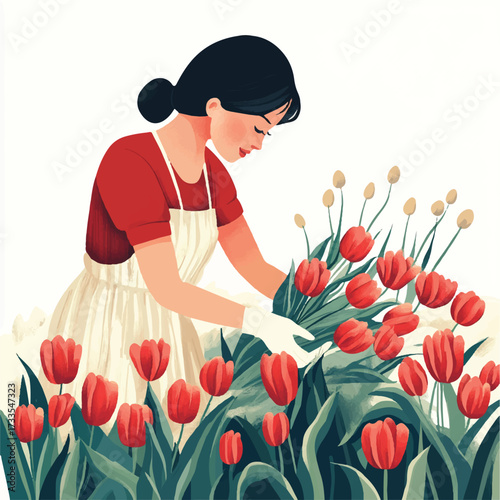  Woman tending to vibrant red tulips in a garden focused and serene.